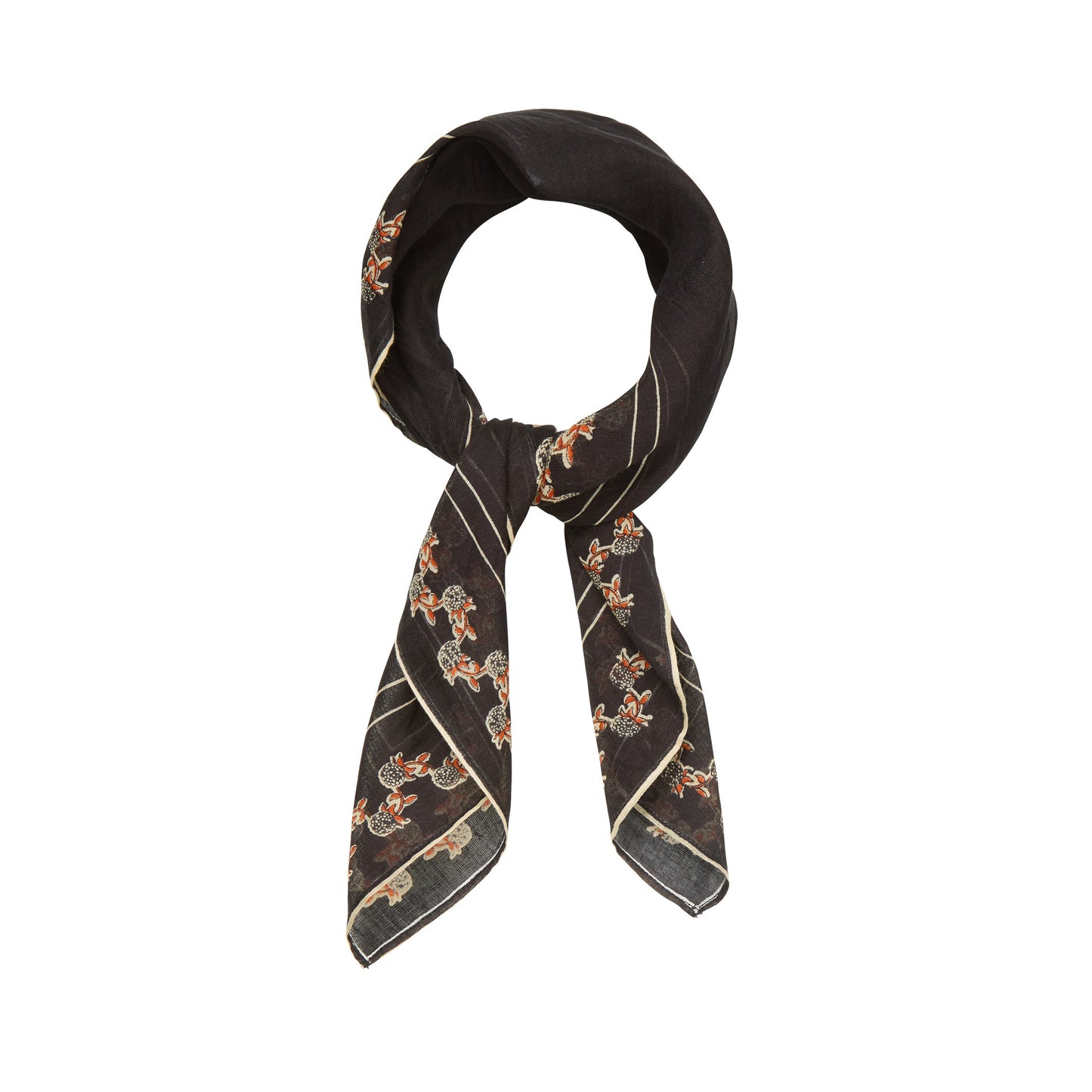Black scarf with floral patterns on a white background