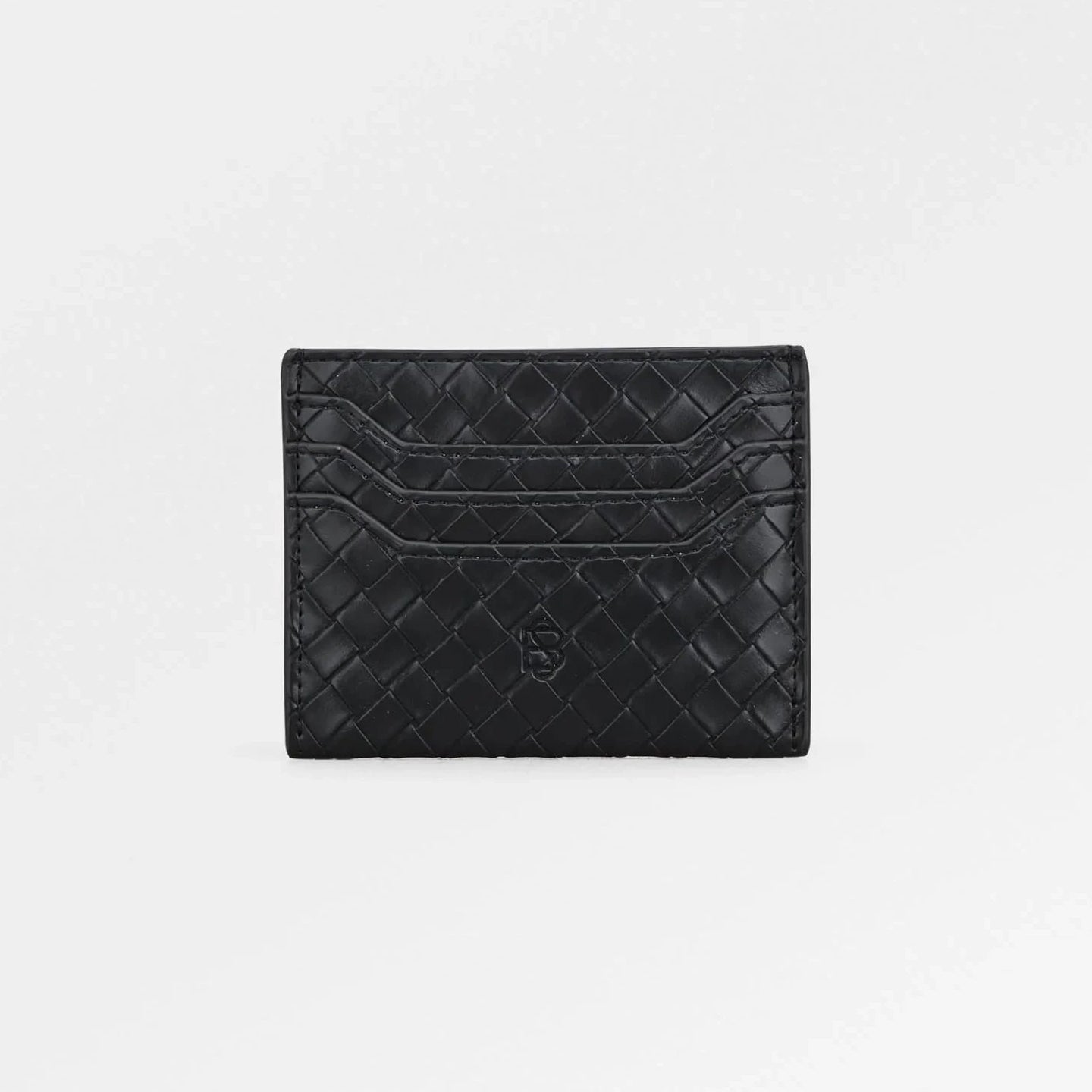 Black quilted cardholder on a light gray background