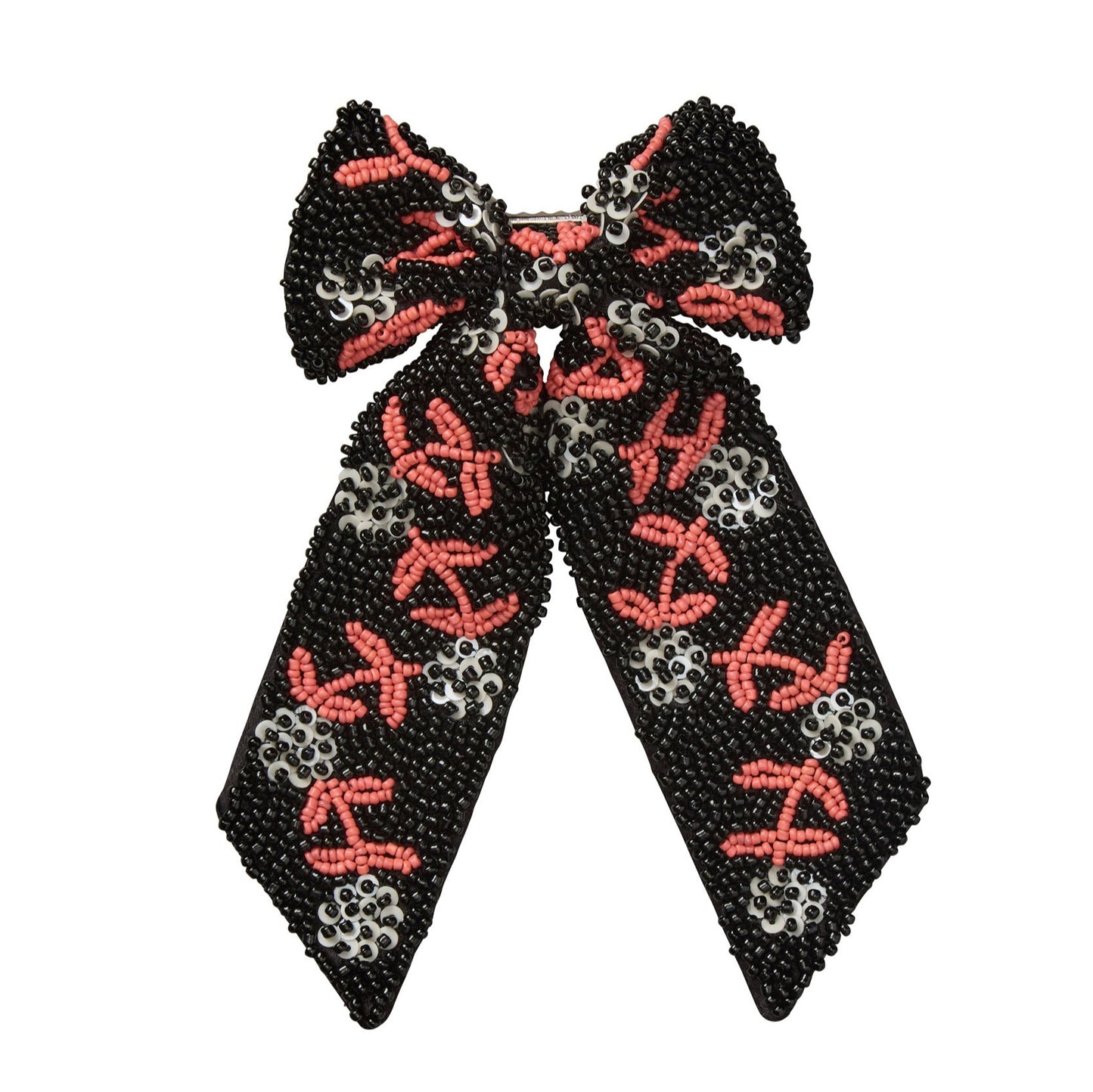 Black bow-shaped beaded hair accessory with red and silver floral patterns on a white background