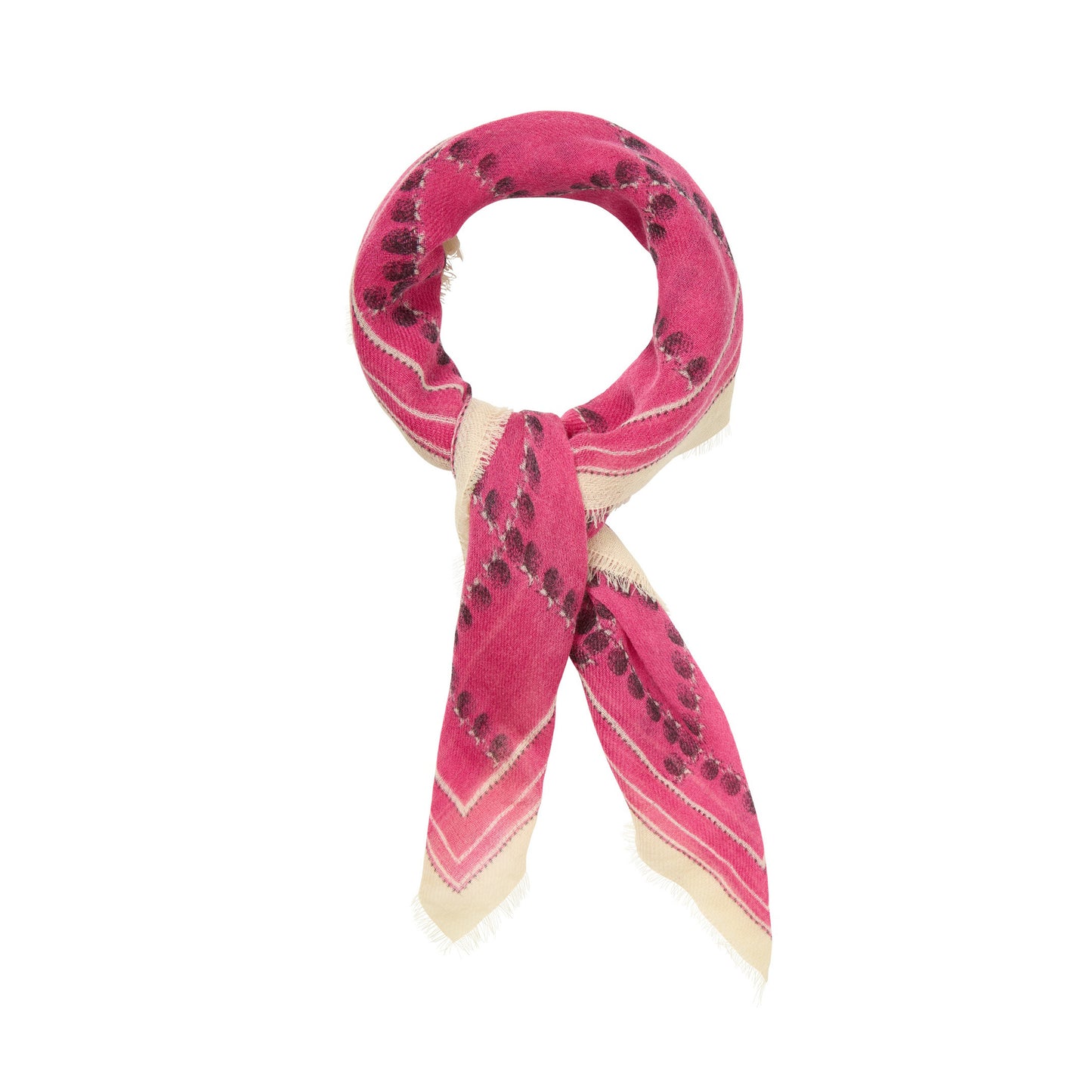 Pink and cream scarf with black pattern on a white background