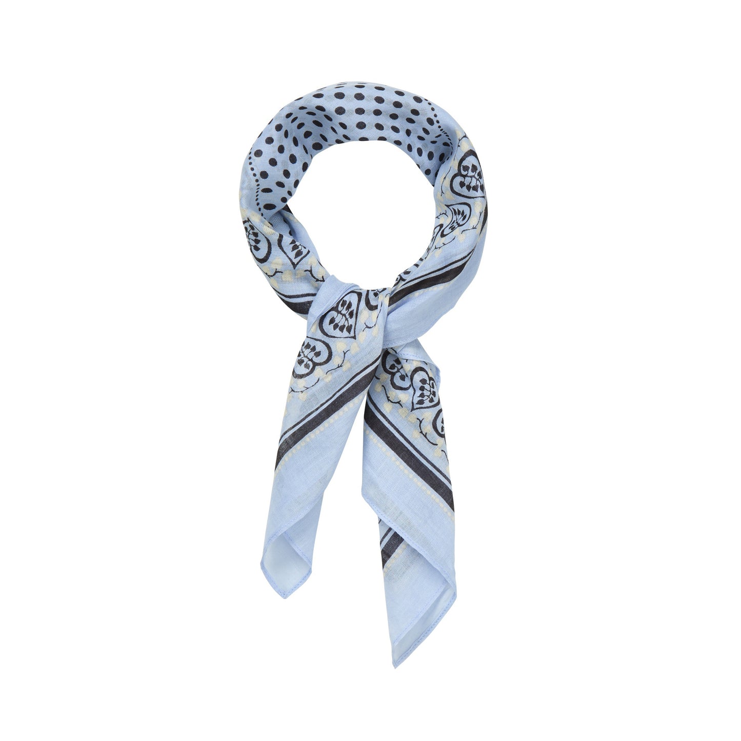 Blue, cream and black patterned scarf on a white background