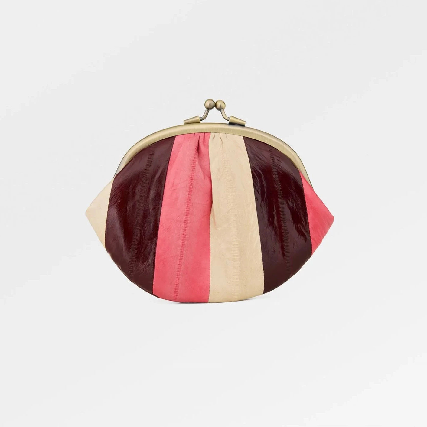 Color-blocked 'granny' style clutch purse with a gold clasp on a white background