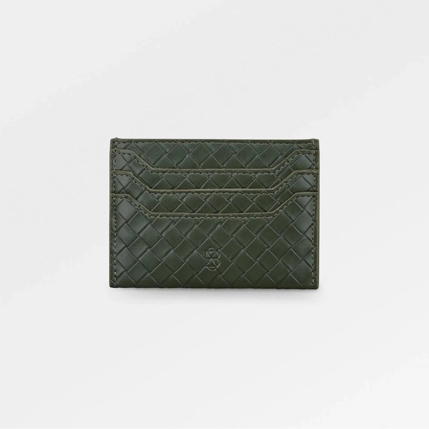 Green quilted cardholder on a white background