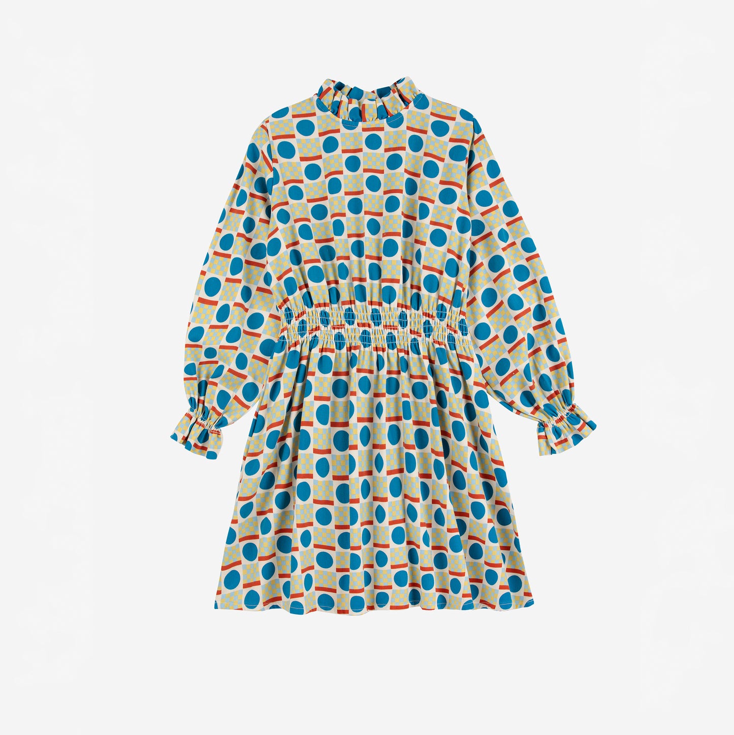 Polka dot dress with long sleeves on a white background