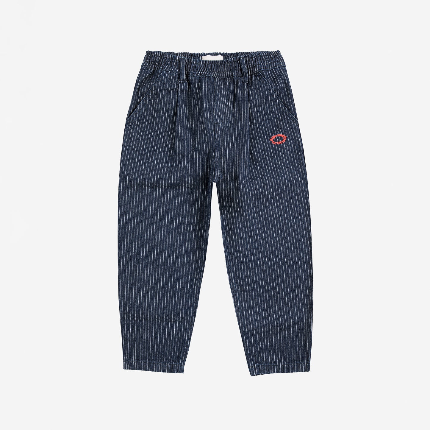Blue striped pants with a red logo on a white background