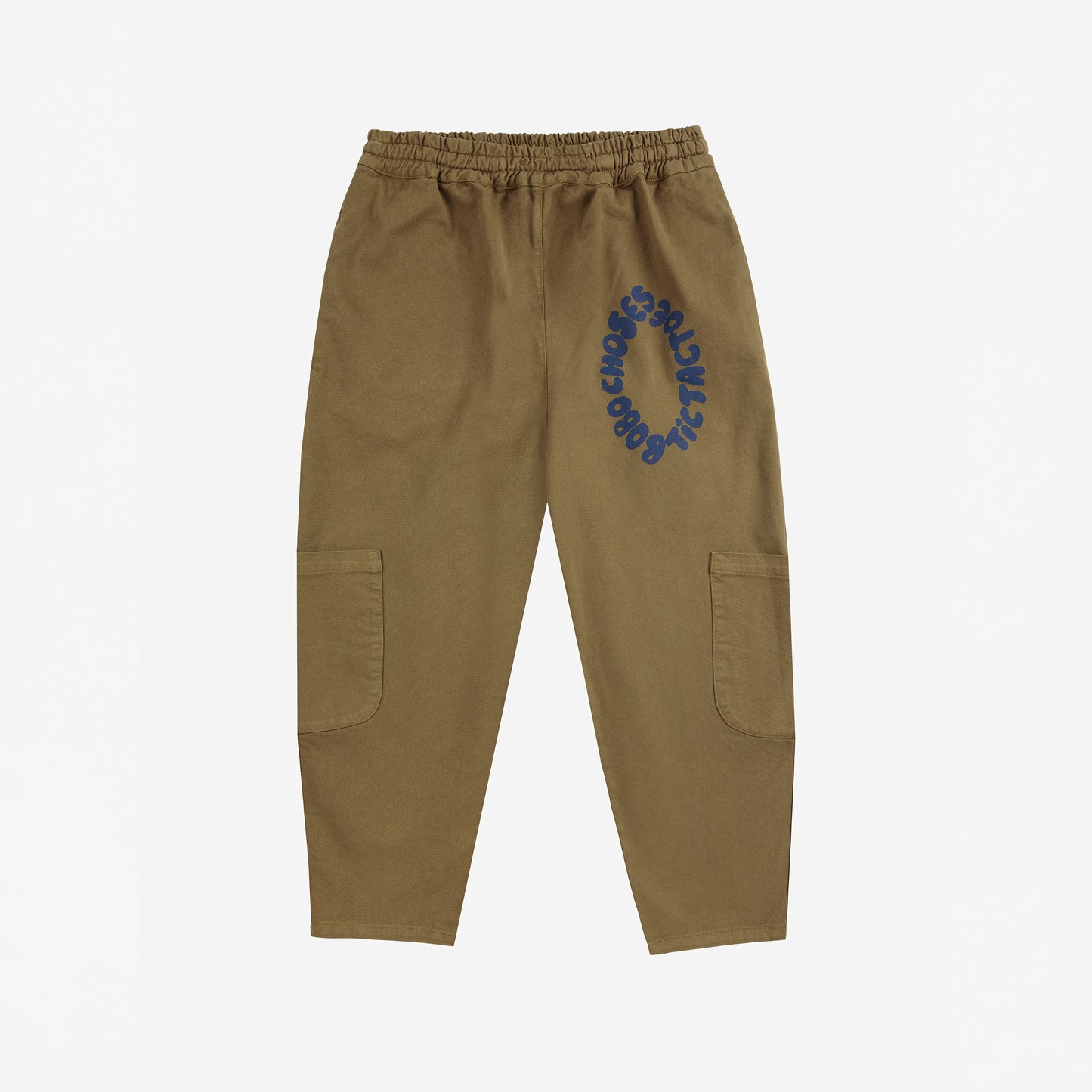 Brown cargo pants with a blue logo on a white background