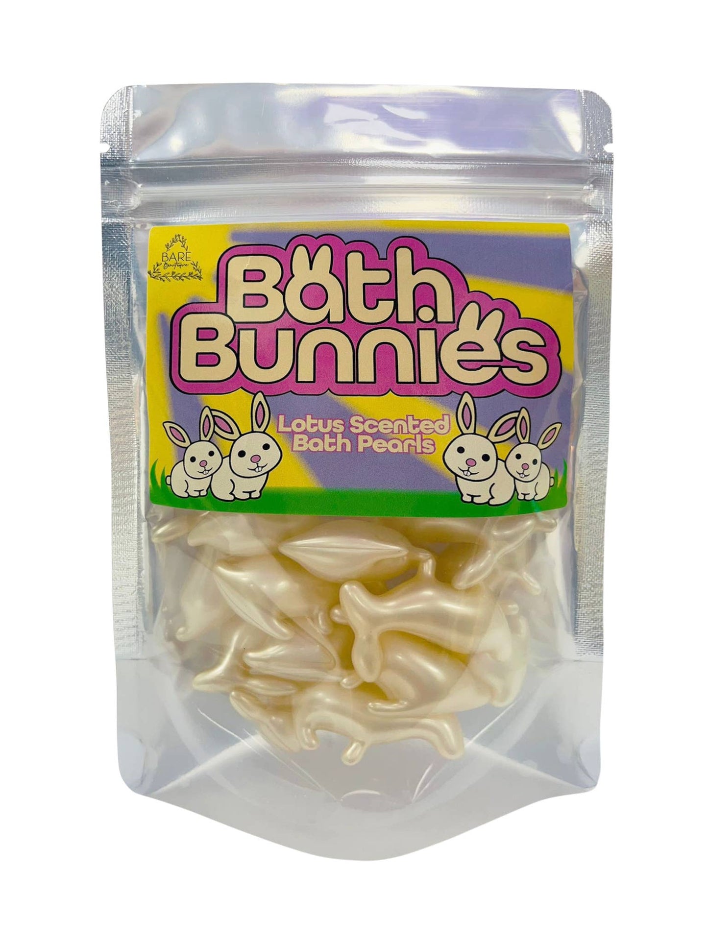Packaging of Bath Bunnies with cartoon bunnies on a white background