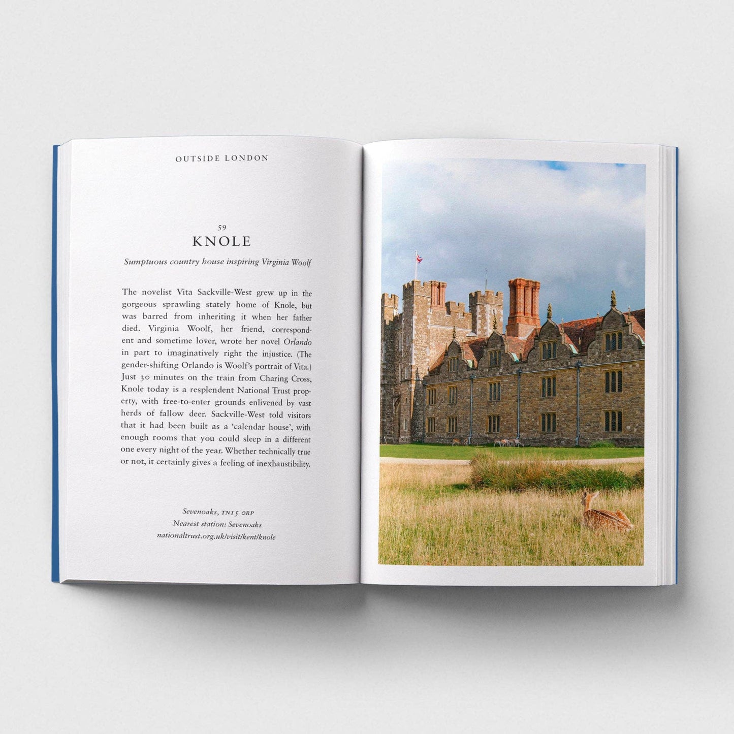 Open book showing a castle and a deer in a field on one page, with text on the other.