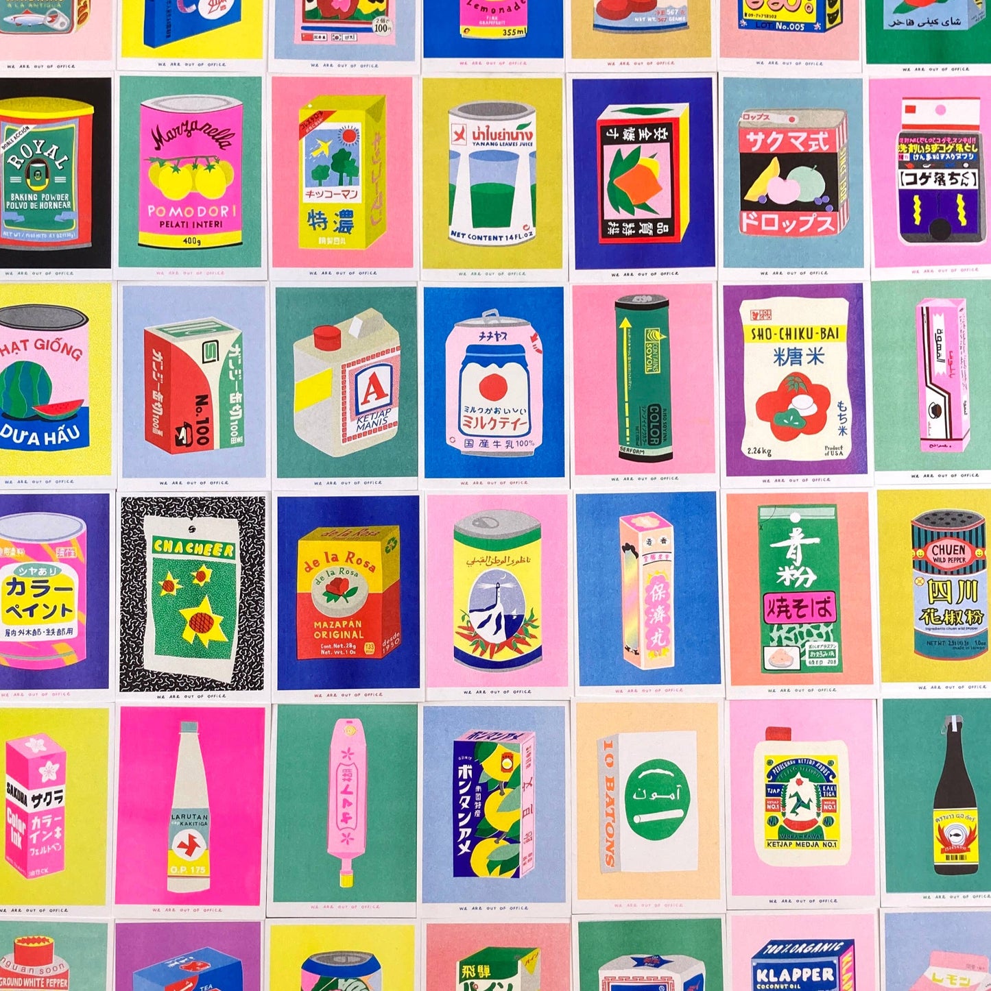 Grid of colorful vintage product packaging illustrations on a multicolored background