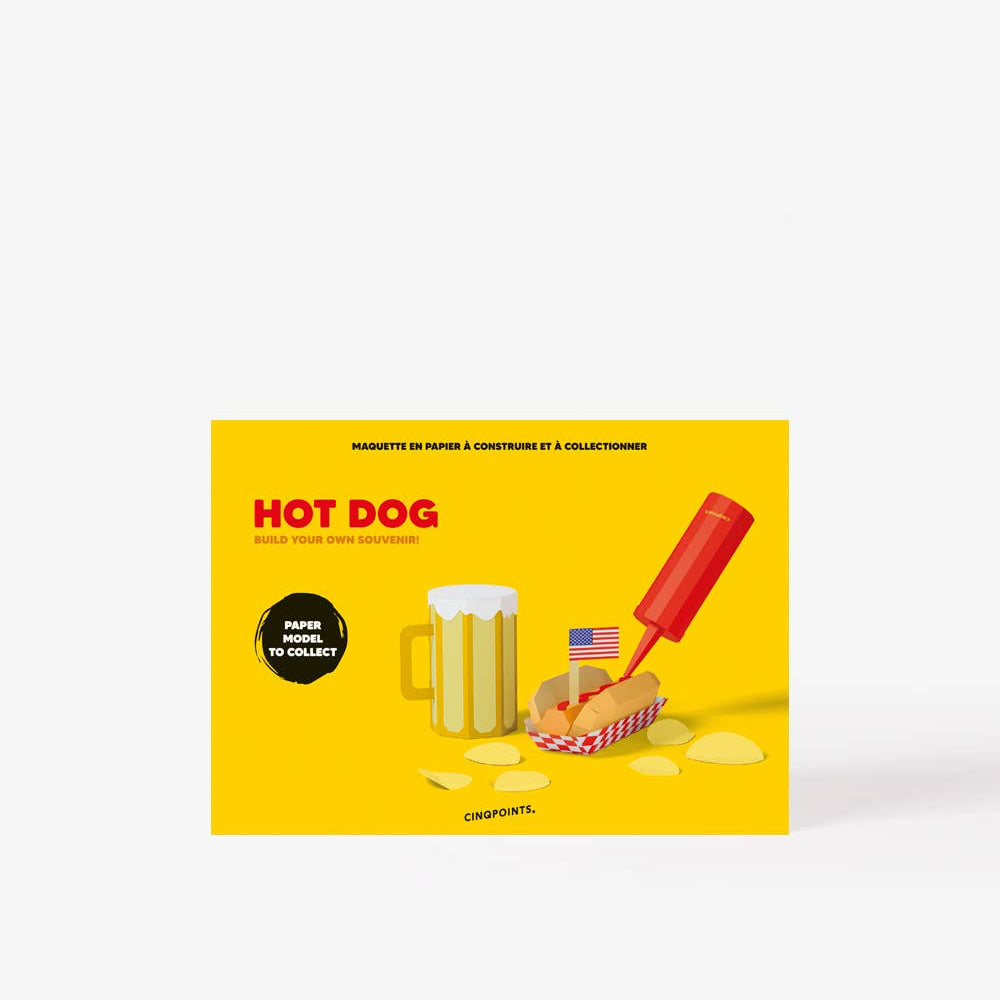 Yellow box with a red hot dog gun and beer mug illustration on a white background