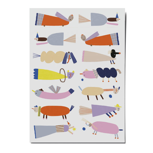 Colorful pattern of stylized figures on a white background