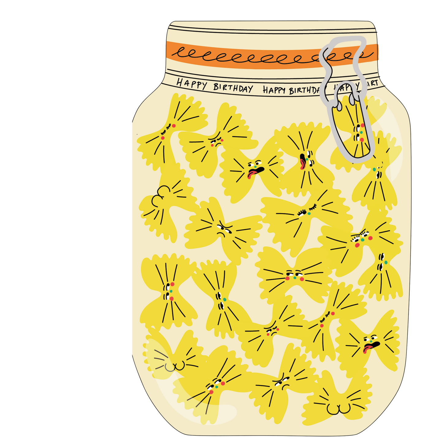 Illustration of a mason jar with yellow pasta shapes and 'Happy Birthday' text on a white background