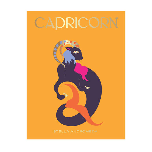Book cover of 'Capricorn' by Stella Andromeda featuring an artistic depiction of the Capricorn zodiac sign with stylized colors on an orange background.