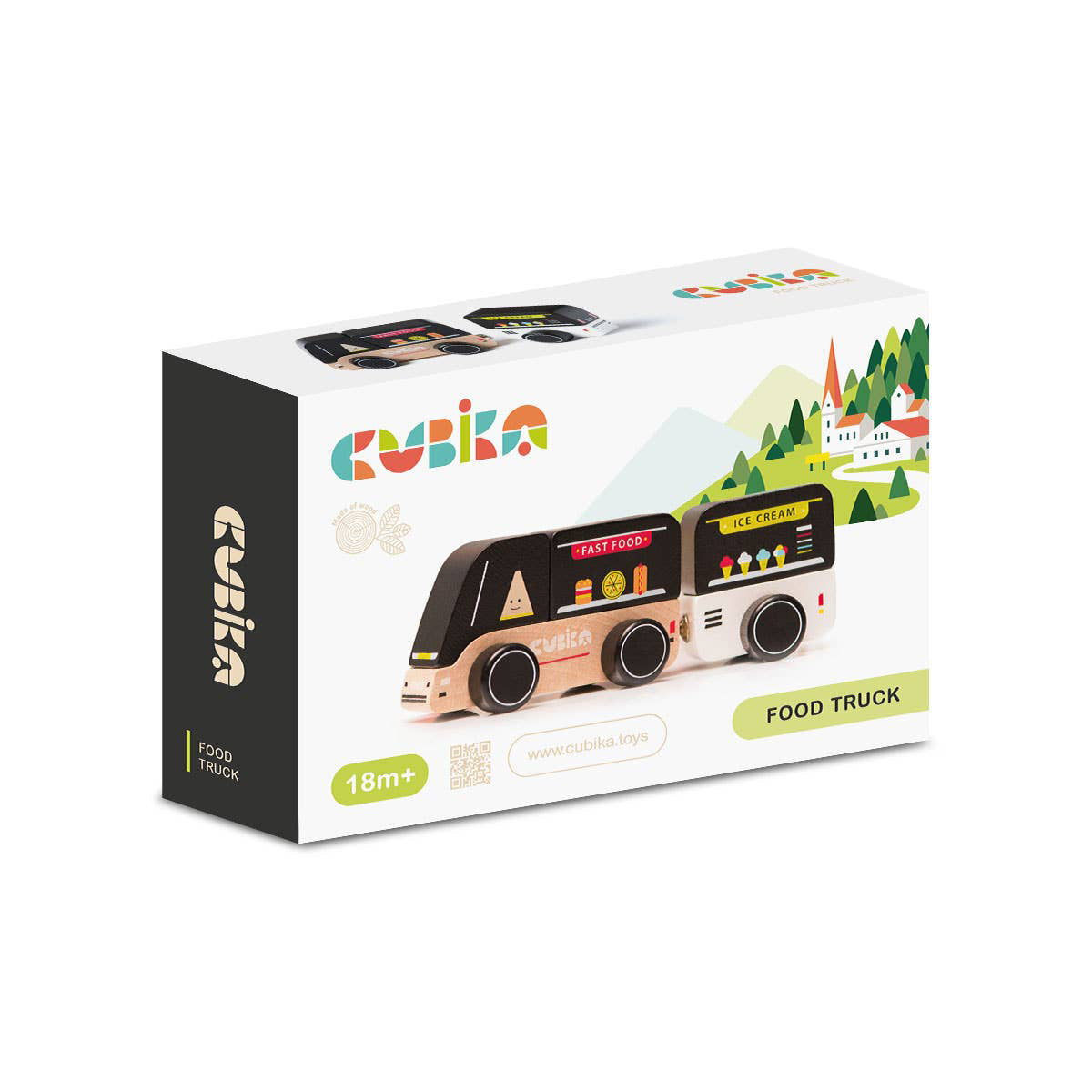 A Cubika food truck toy packaging on a white background