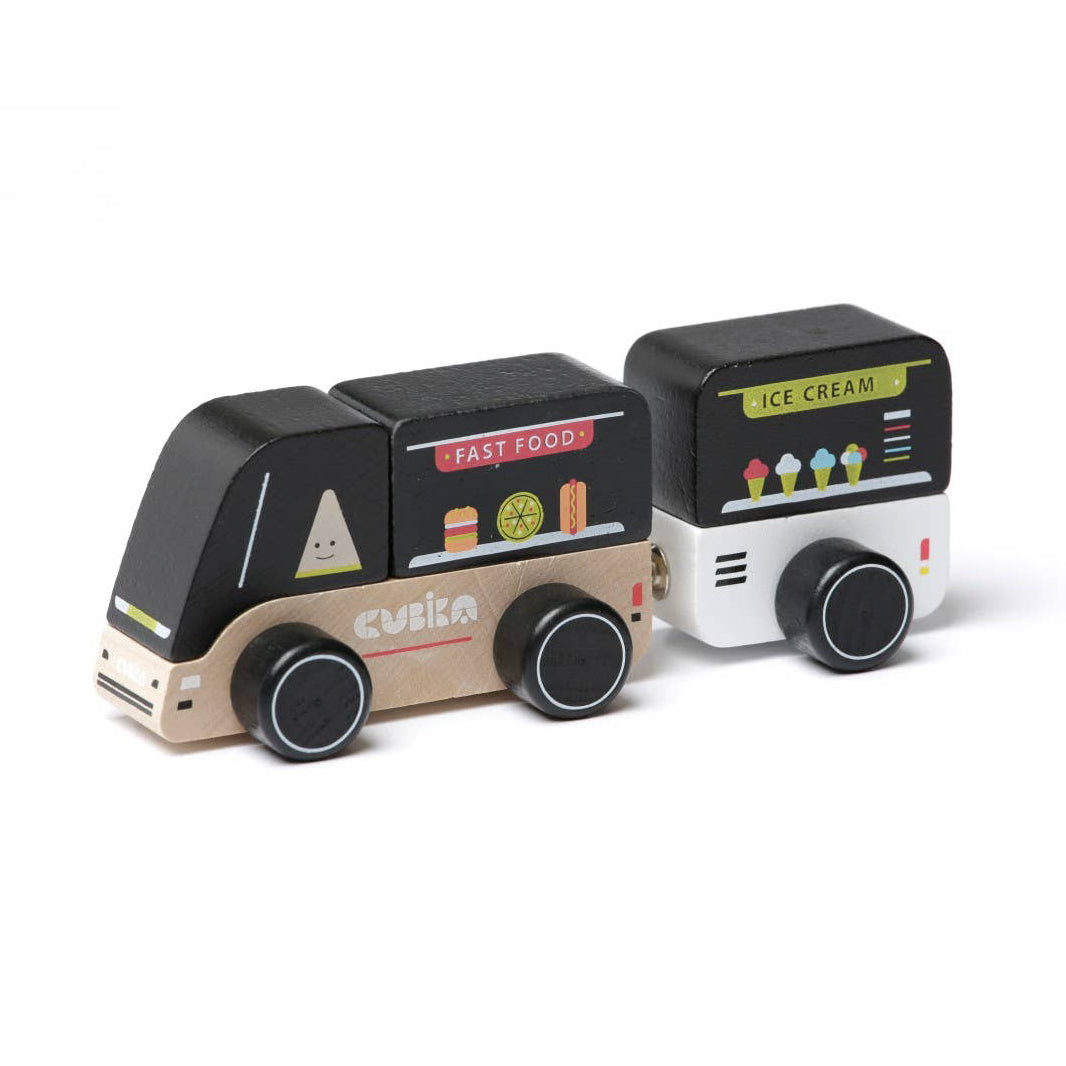 Two Cubika toy vans, one labeled 'Fast Food' and the other 'Ice Cream', on a white background.