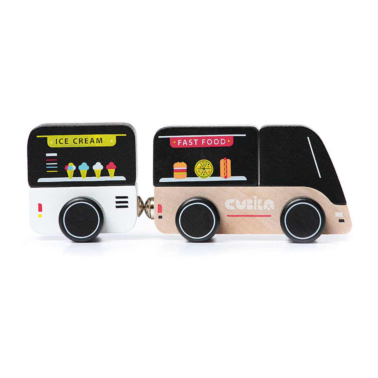 Two Cubika toy food trucks, one labeled 'Ice Cream' and the other 'Fast Food', on a white background.