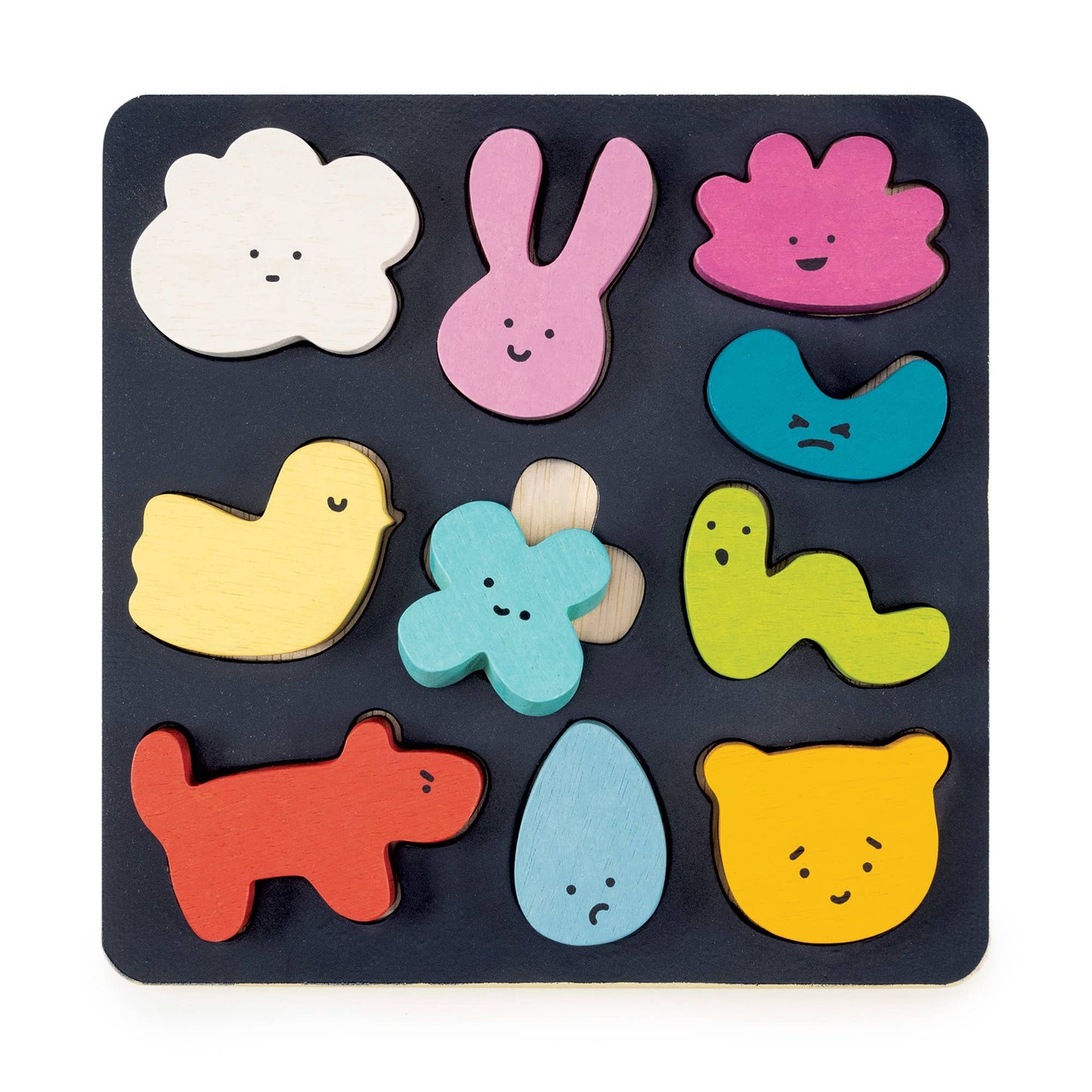 Colorful wooden puzzle with animal shapes on a black base