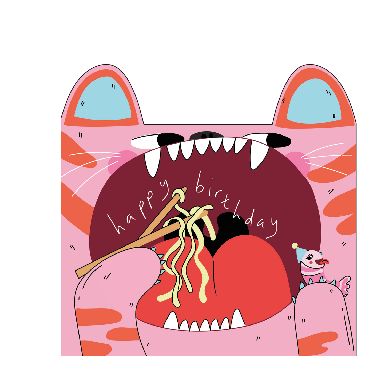 Cartoon cat with a birthday cake and 'happy birthday' text on a pink background
