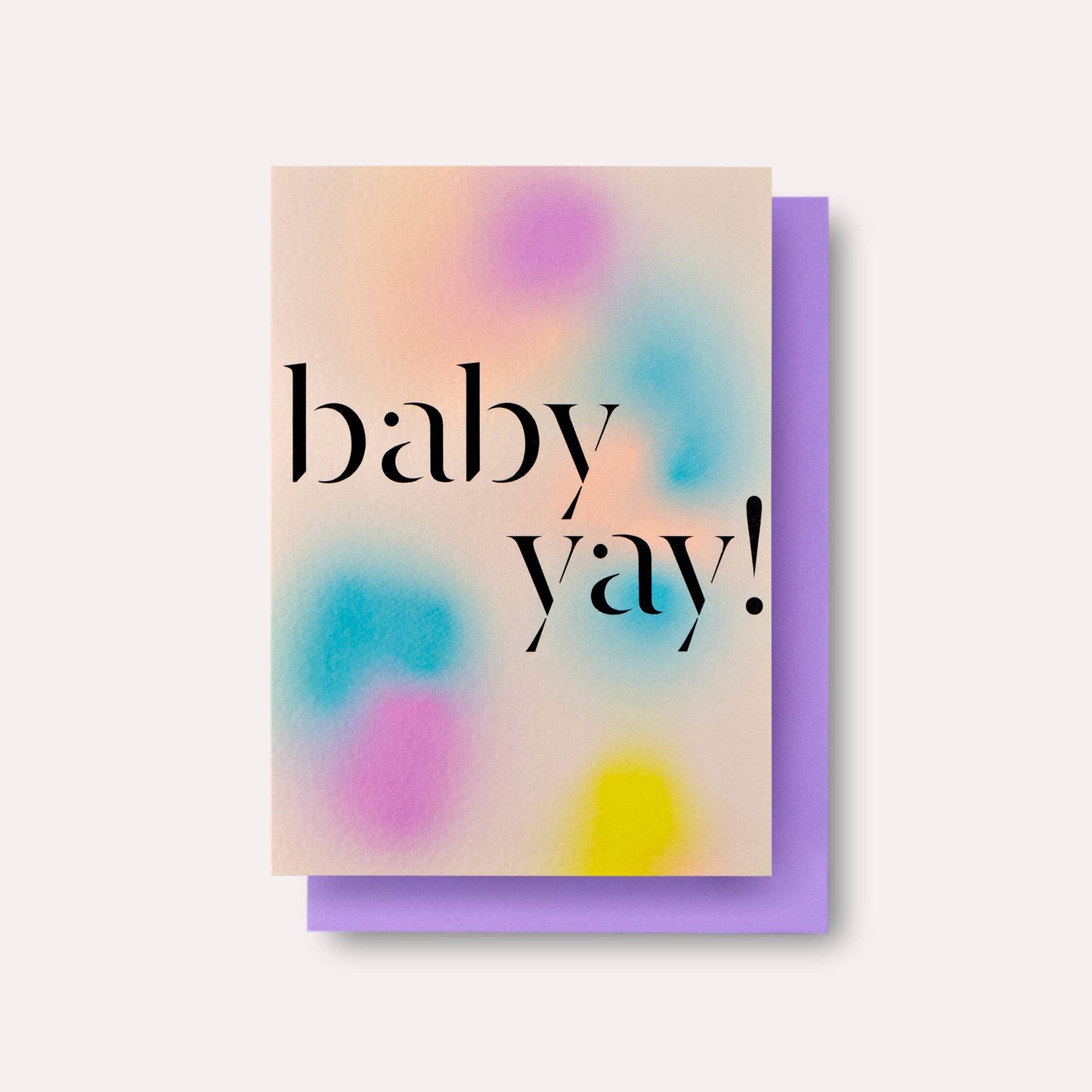 Greeting card with 'baby yay!' text on a colorful watercolor background