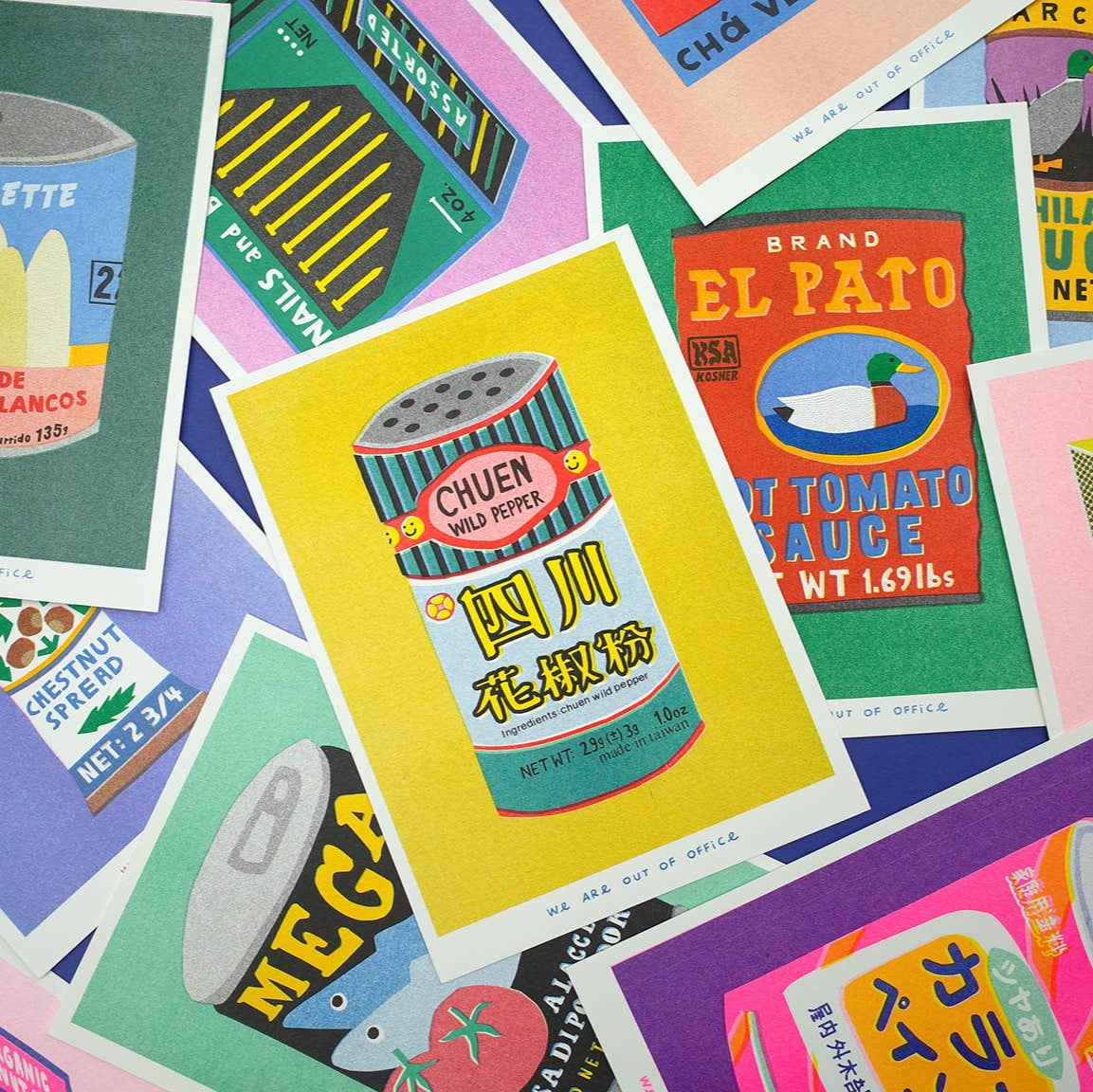 Collection of colourful product labels and packaging on a multicolored background