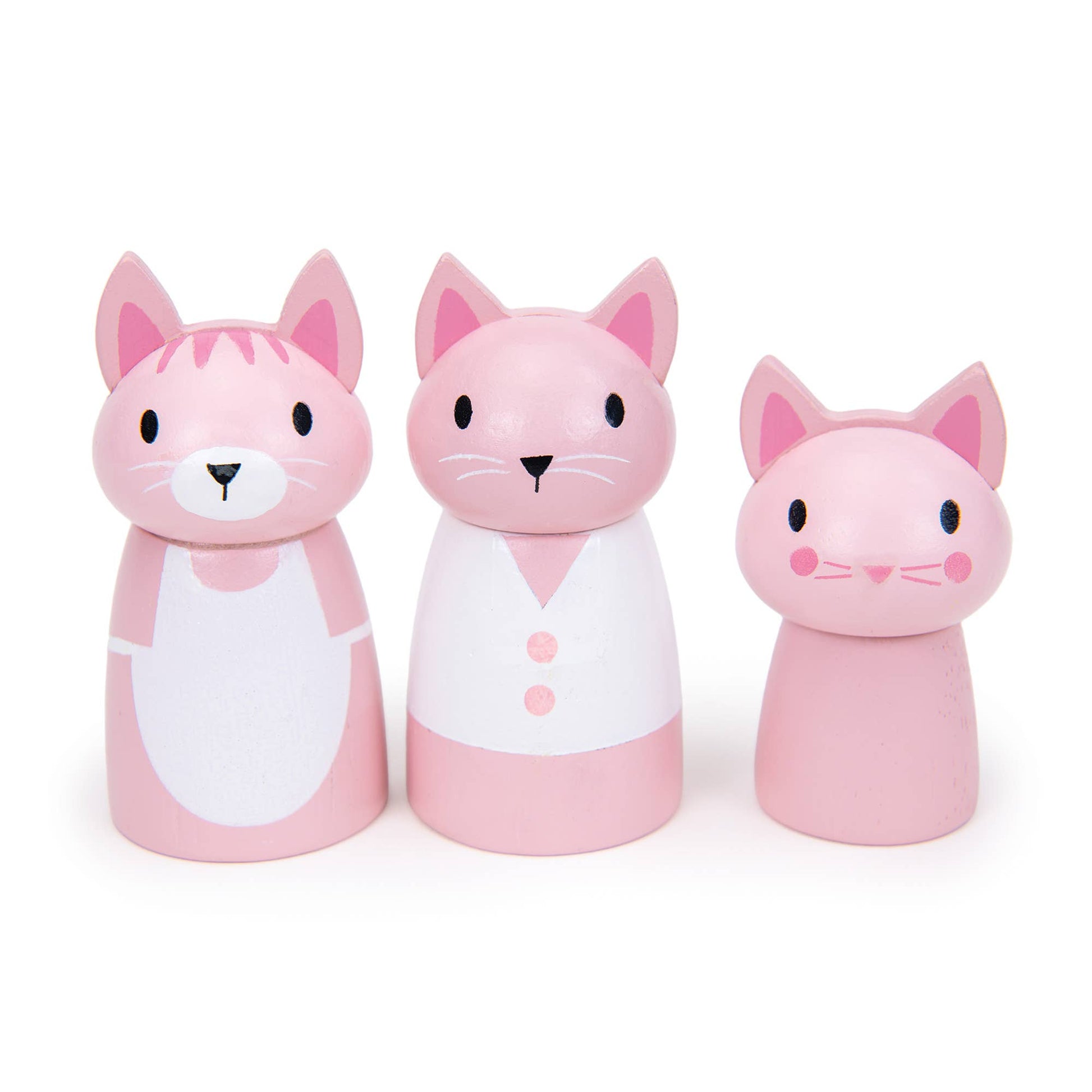 Three pink cat-shaped figurines on a white background