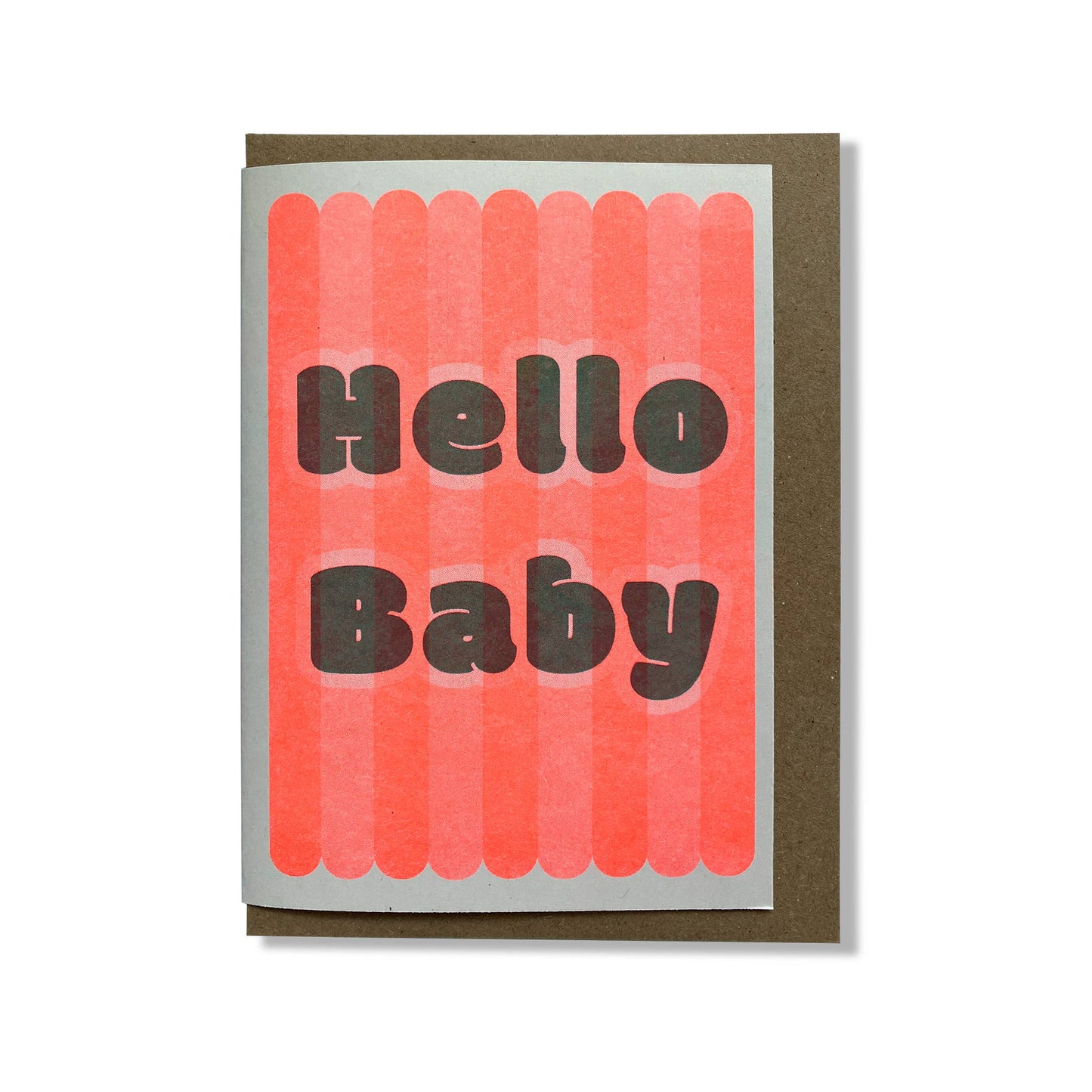 Greeting card with 'Hello Baby' text on a red striped background