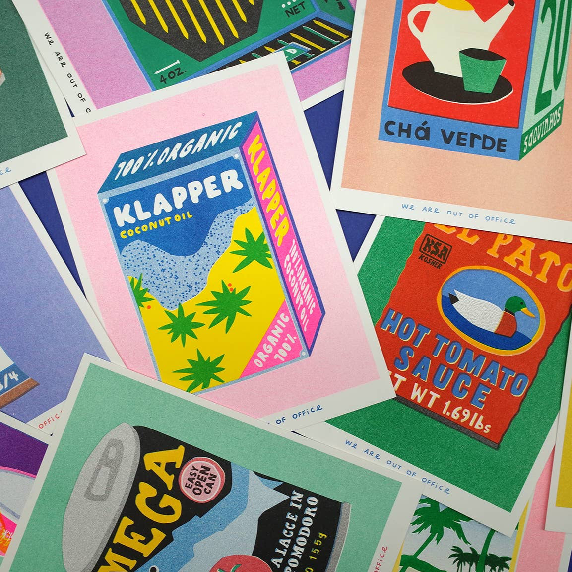 Collection of colorful product labels and packaging on a multicolored background