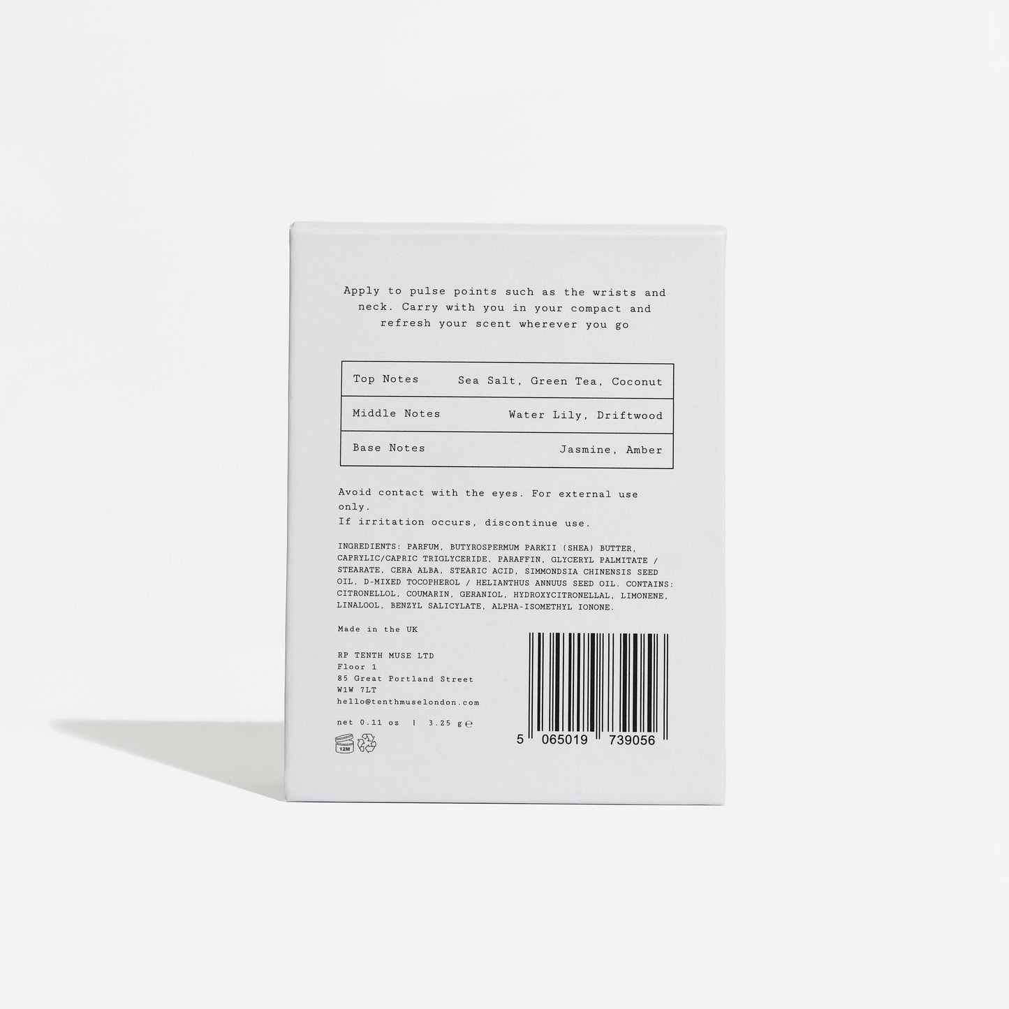 Product label with text and a barcode on a white background