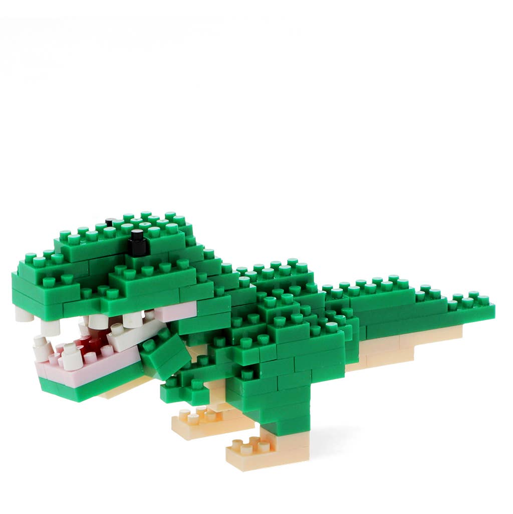 Green dinosaur toy made of interlocking bricks on a white background