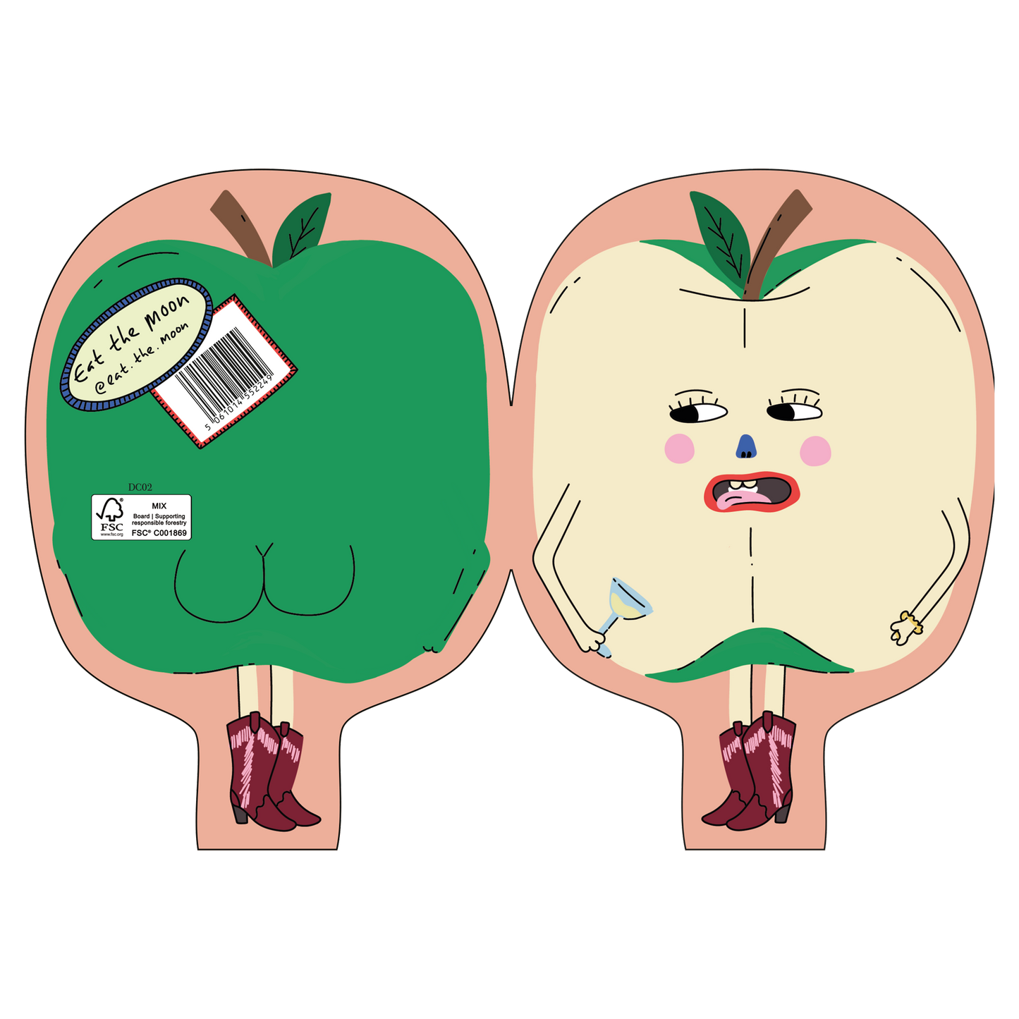 Two cartoon apples with human-like faces and expressions on a white background