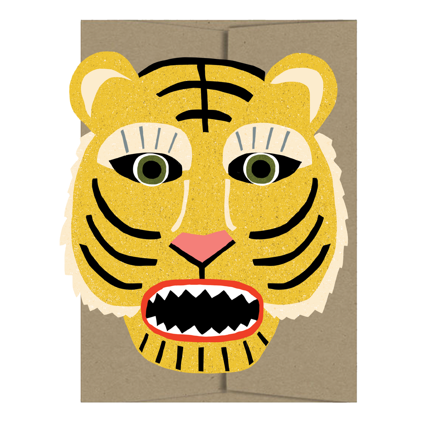 Card with a stylized tiger face design on a beige background