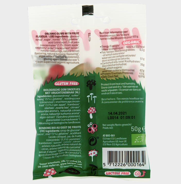 Back of HEY YUM! organic fruit gummies pouch showing nutrition information, organic certification, gluten free and lactose free labels, and ingredients list in multiple languages.