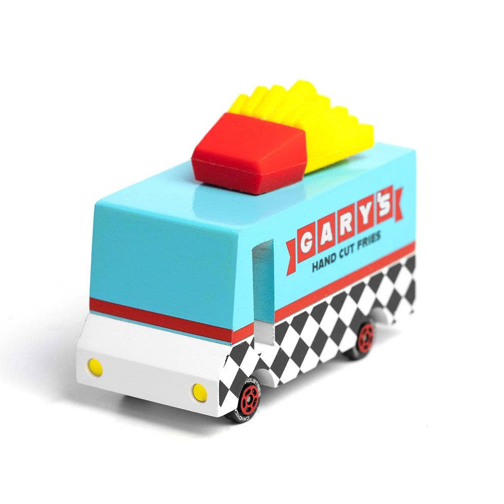 Toy truck with a checkered pattern and red text on a white background