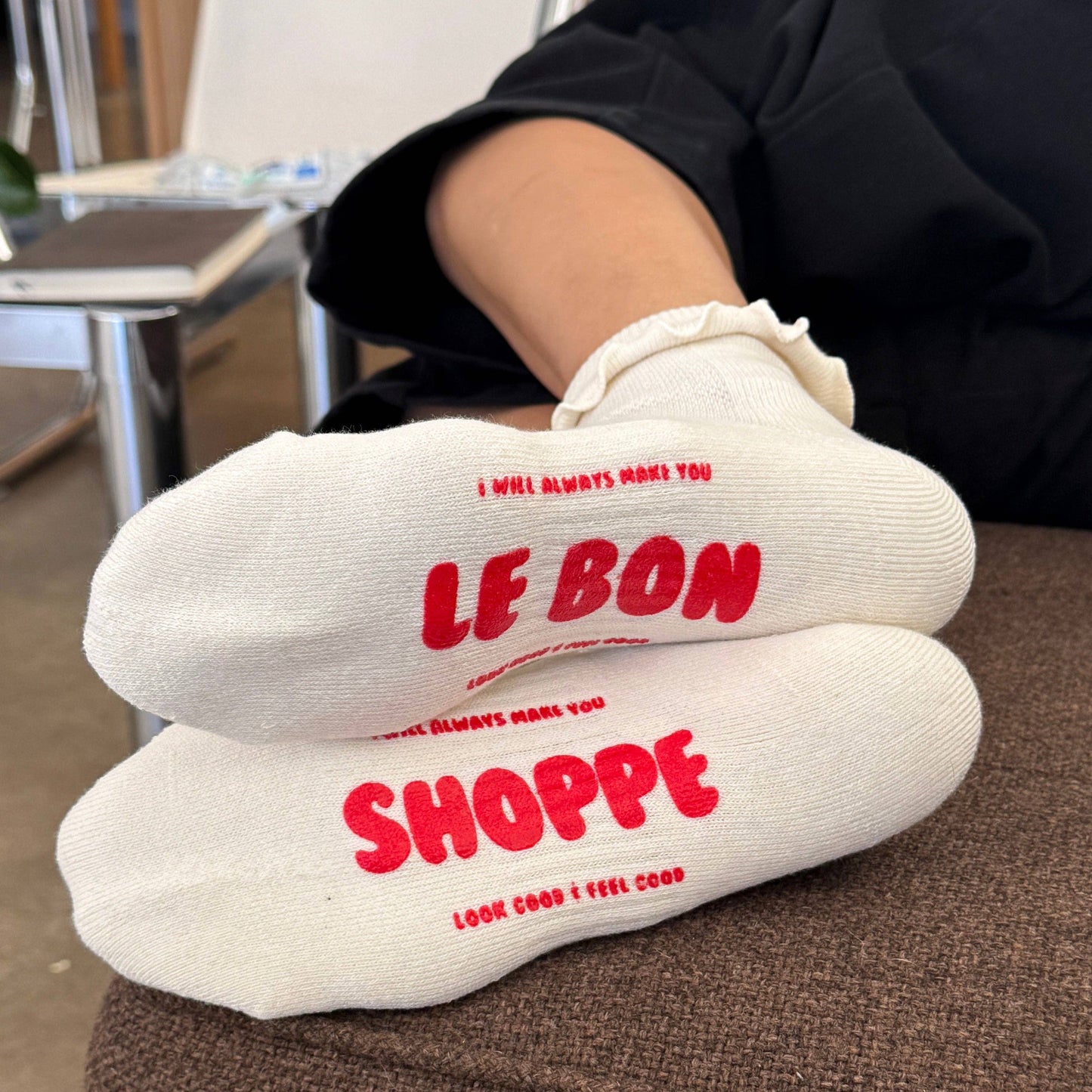 Le Bon Shoppe Vanilla / Red Ruffled Hugger Crew Socks