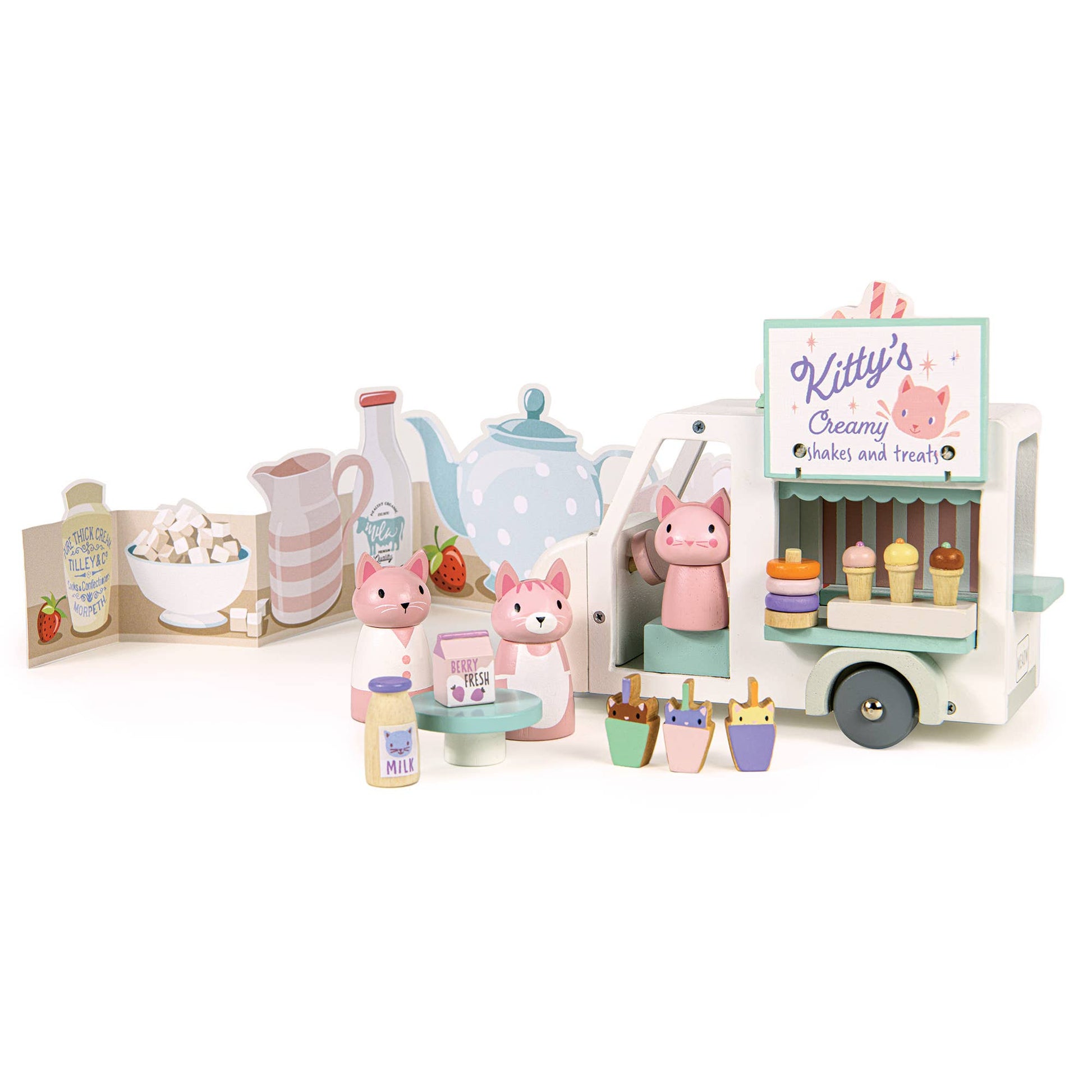 Toy set with a pink cat character, ice cream truck, and various accessories on a white background