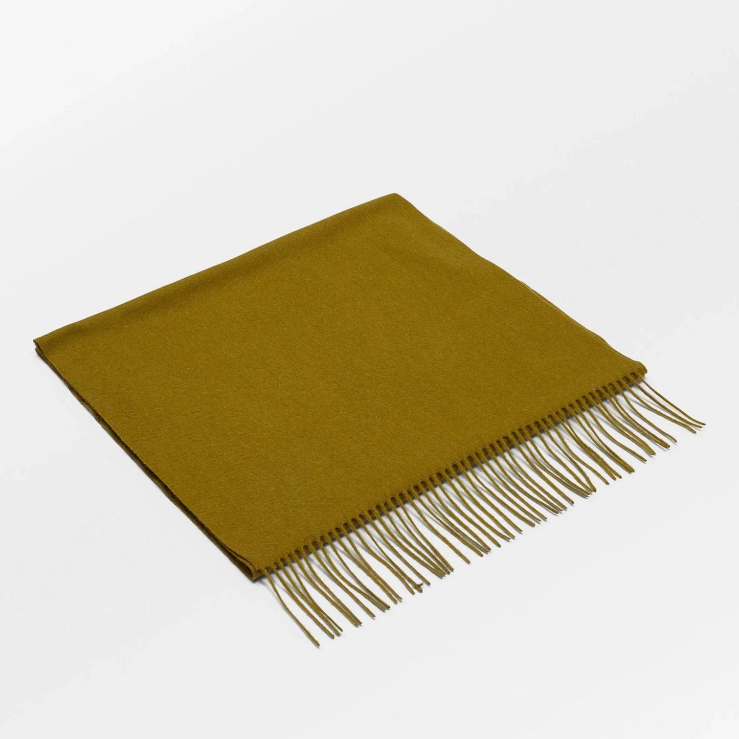 olive green scarf with fringes on a light gray background