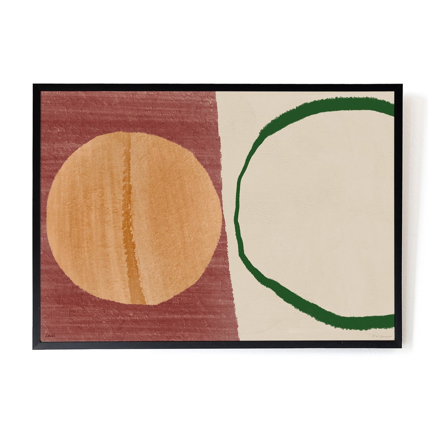This A3 Hotel Magique print titled " Meet Me in the Foyer" features a half beige and half Oxblood background. A brown full circle and a fine lined large circular dark green shape. The print frame is black.