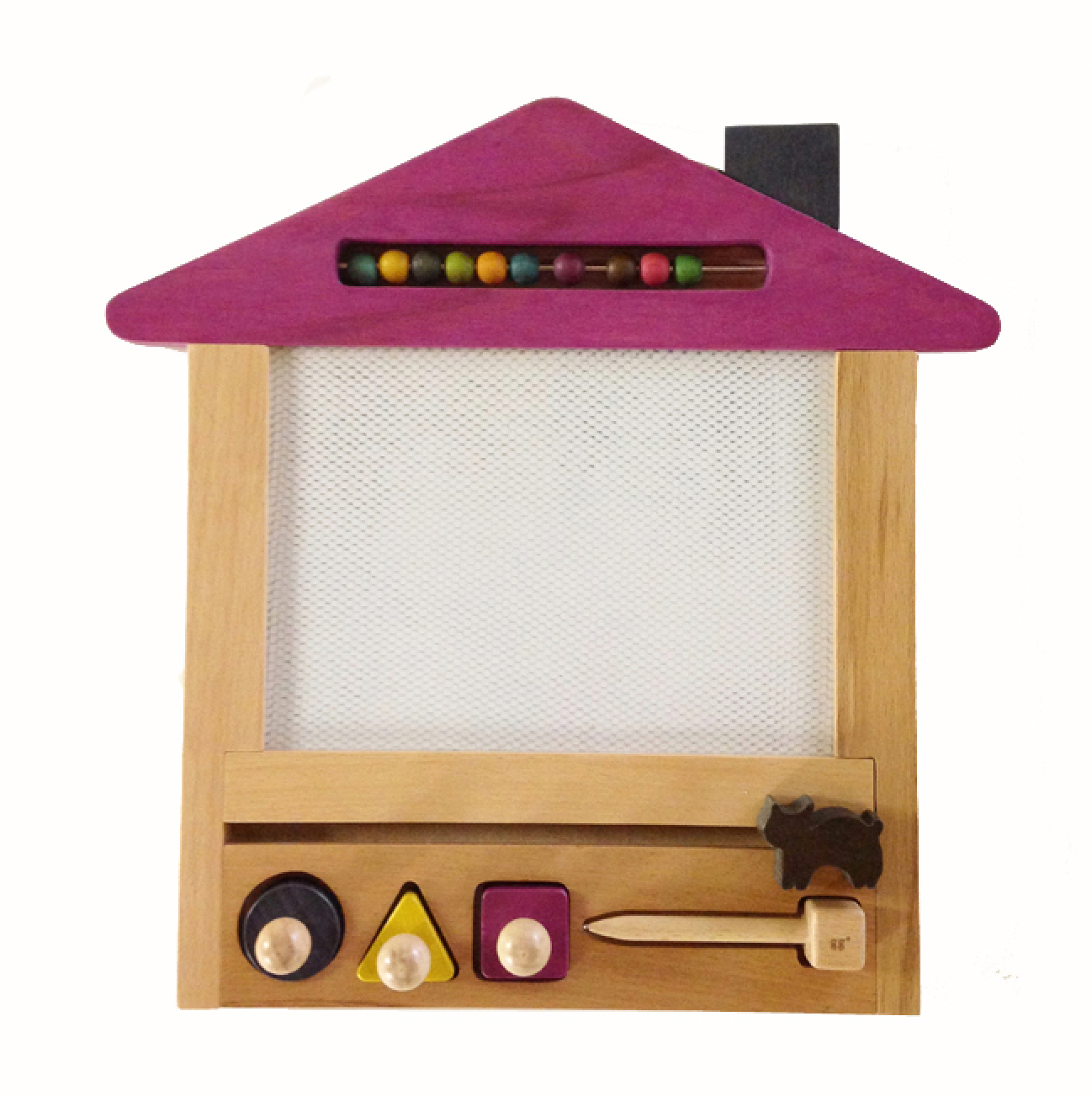 Wooden toy with a purple roof and various colorful components on a white background