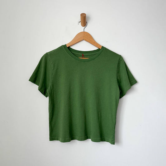 Green t-shirt on a wooden hanger against a white background