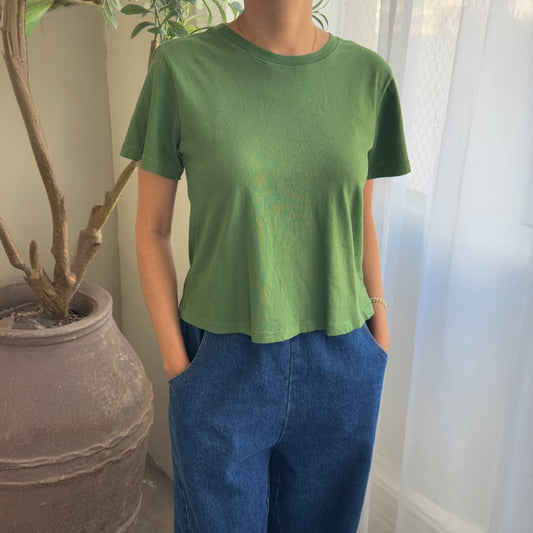 Person wearing a green t-shirt and blue jeans standing indoors next to a potted plant.