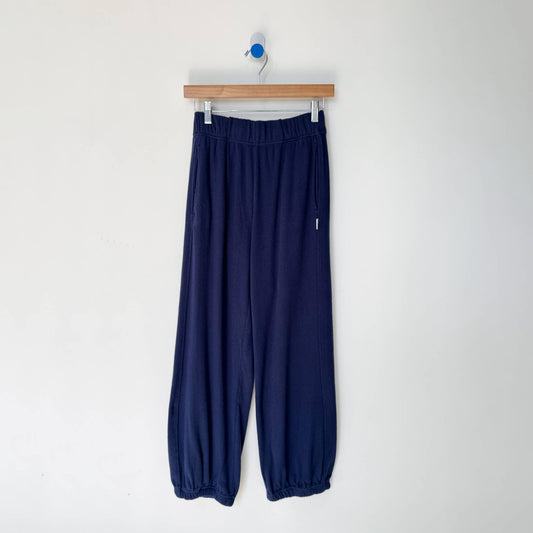 Navy blue pants on a hanger against a white background
