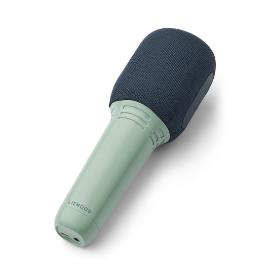 Microphone with green body and blue foam cover on a white background