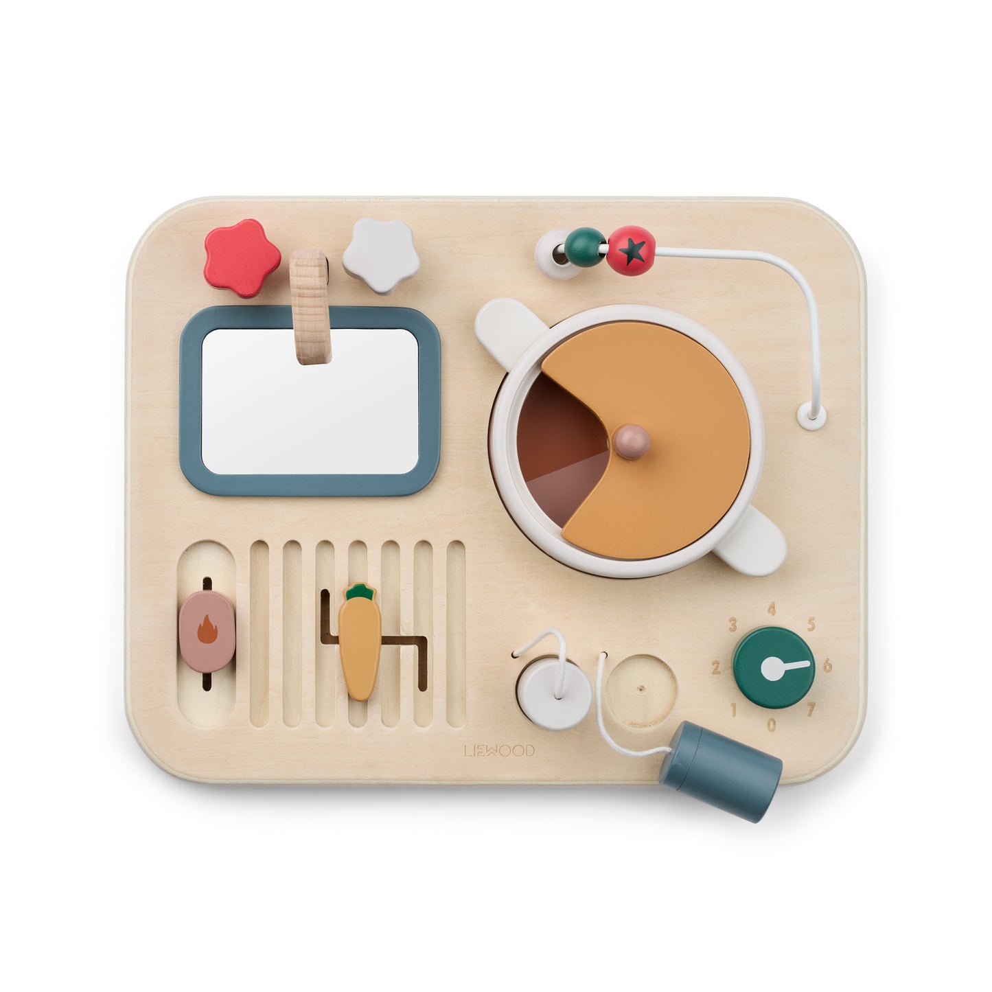 Wooden kitchen toy with various shapes on a beige background