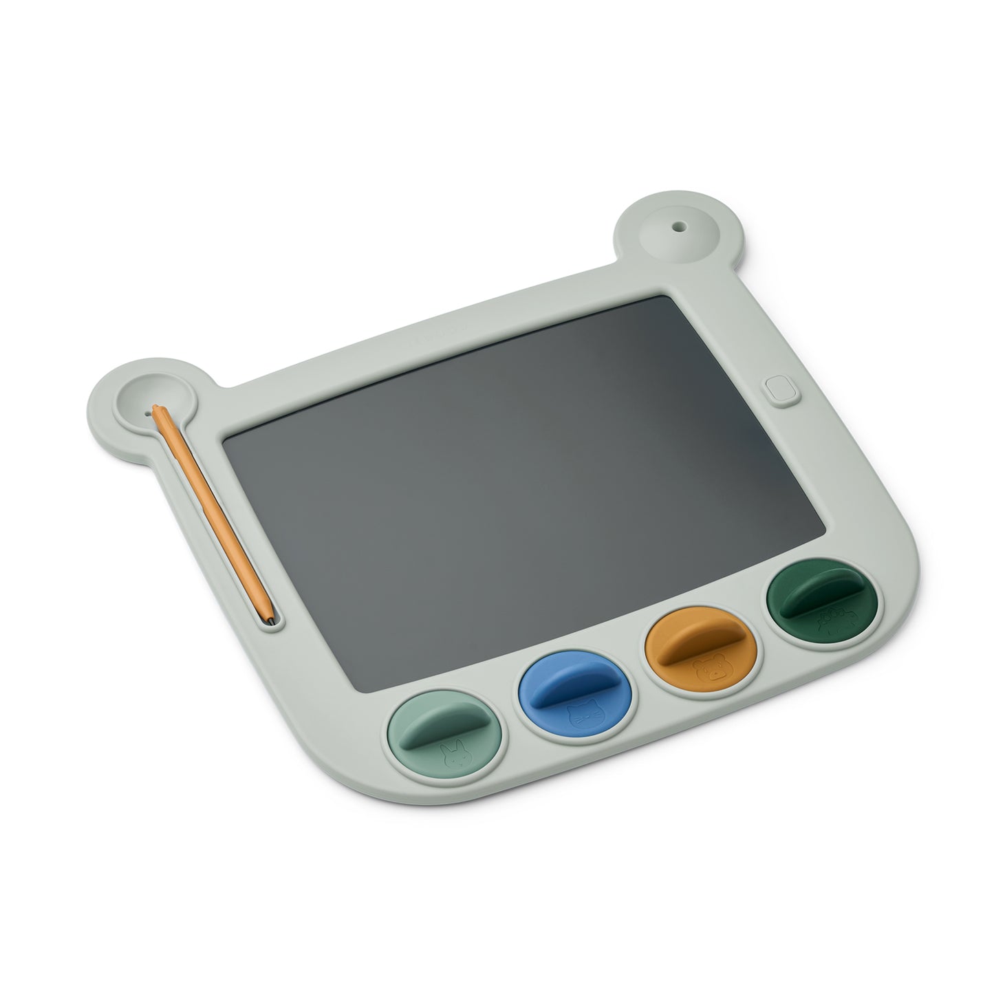 Children's drawing board with color magnets on a white background