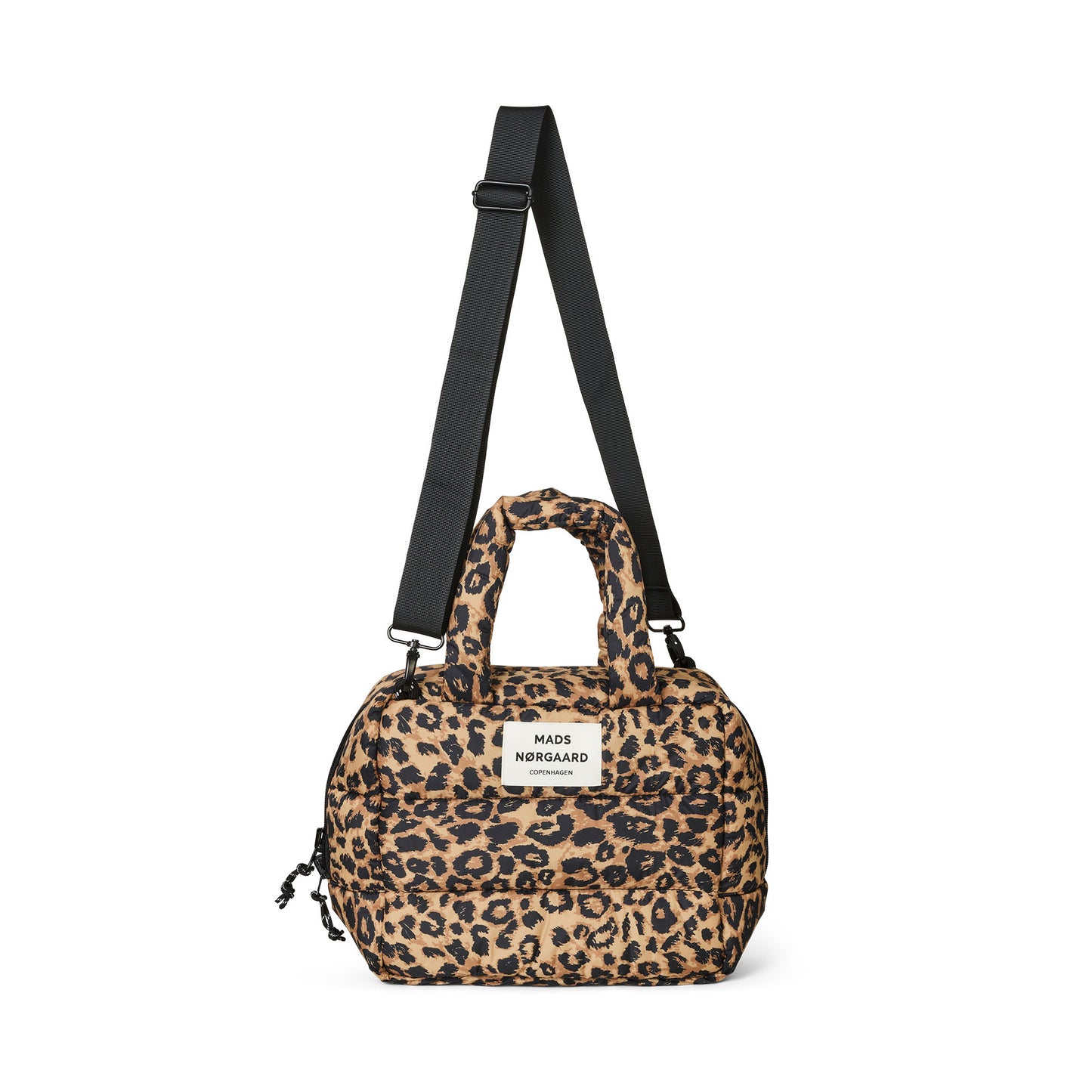 Leopard print small bag with a black strap on a white background