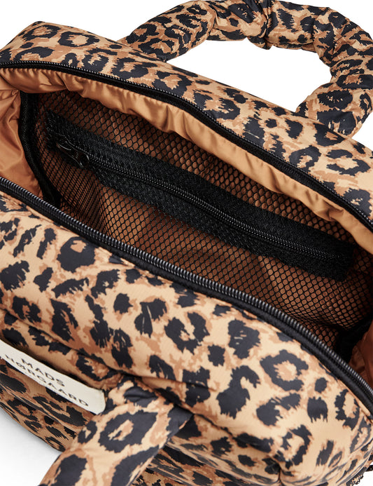 Leopard print bag with mesh pocket on a white background