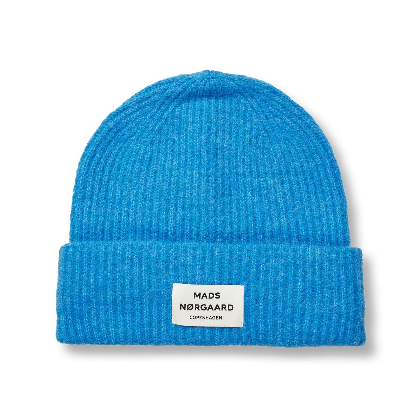 Blue beanie with a brand label on a white background