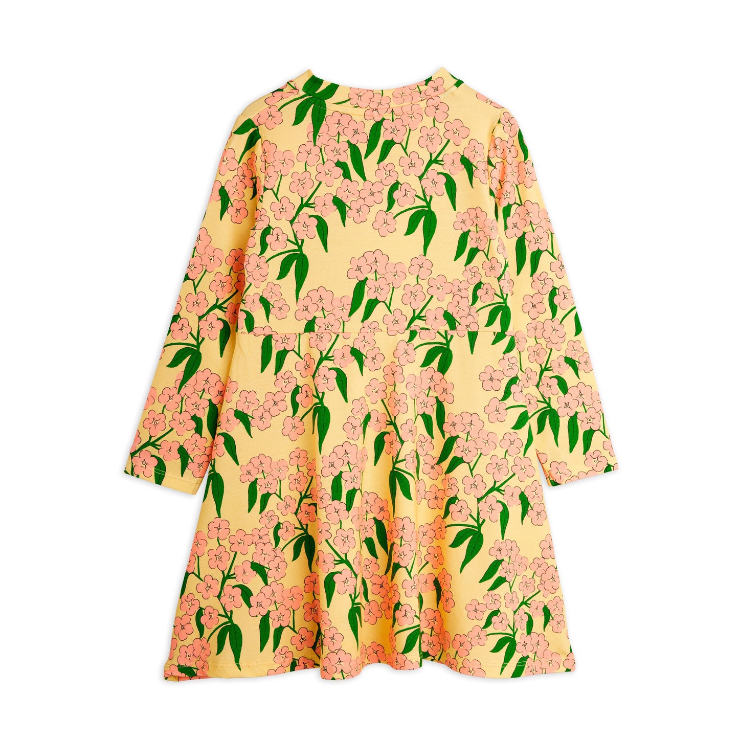 Floral dress with pink flowers and green leaves on a yellow background, viewed from the back