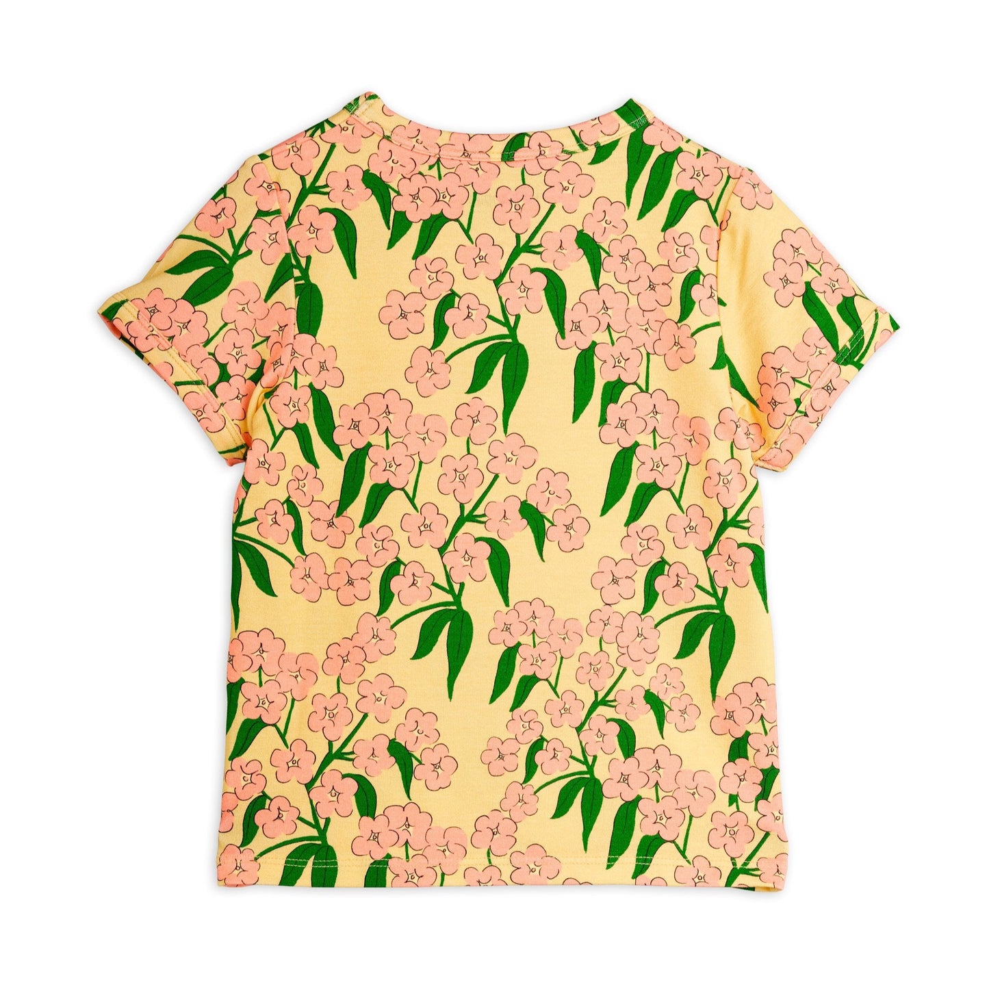 T-shirt with pink floral pattern on a yellow background