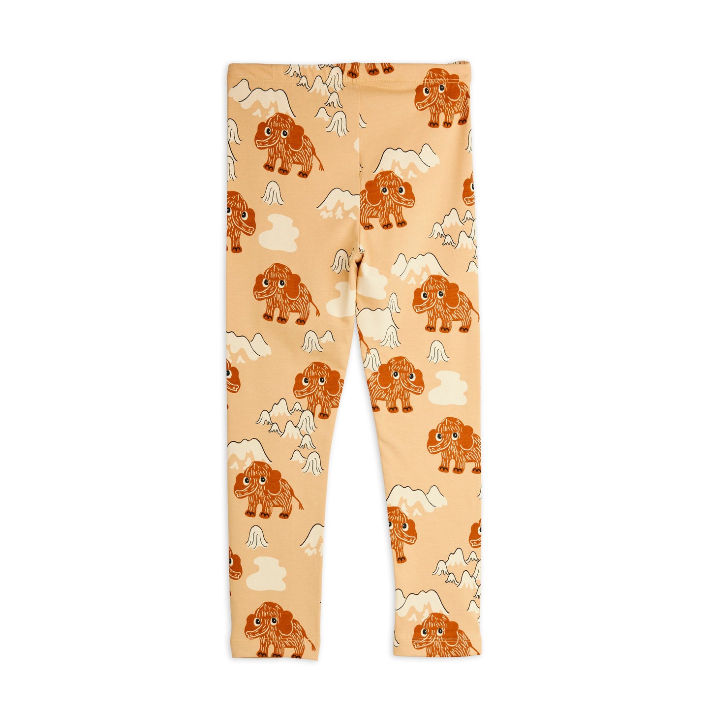 Leggings with a pattern of brown mammoth on a beige background, viewed from the back
